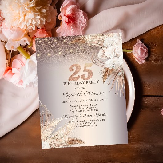Boho Blume, String Lights Glitzer 25. Geburtstag Einladung