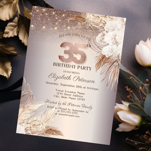 Boho Blume, String Lights Glitzer 35. Geburtstag Einladung