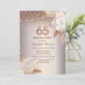 Boho Blume, String Lights Glitzer 65. Geburtstag Einladung (Stehend Vorderseite)