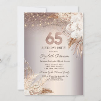 Boho Blume, String Lights Glitzer 65. Geburtstag Einladung