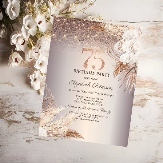 Boho Blume, String Lights Glitzer 75. Geburtstag Einladung