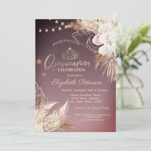 Boho Blume String Lights Quinceañera Einladung (Stehend Vorderseite)