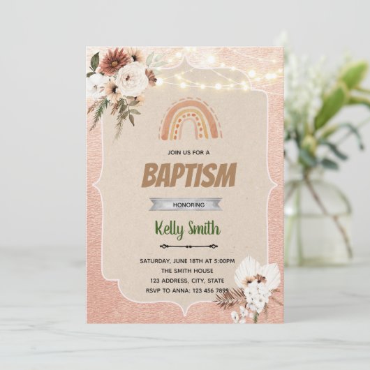 Boho-Blume-Taufe Einladung (Stehend Vorderseite)