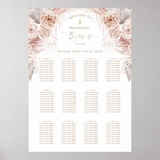 Boho Blume Taufe Sitzkarte Poster (Vorne)