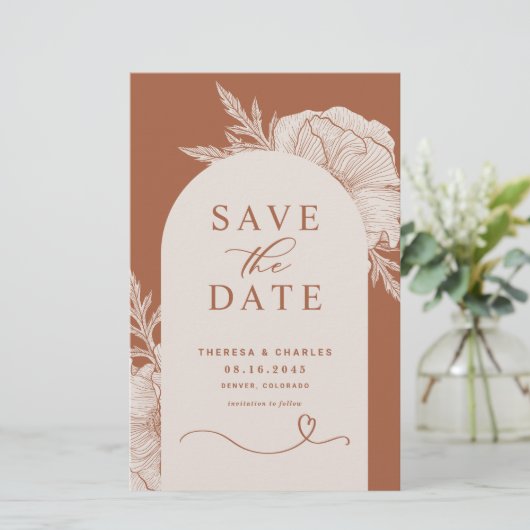 Boho Blume Terracotta Arch Save the Date Karte (Stehend Vorderseite)