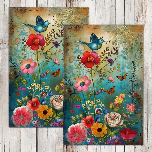 BOHO-BLUME UND BIRD DECOUPAY SEIDENPAPIER