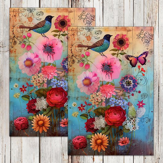 BOHO-BLUME UND BIRD DECOUPAY SEIDENPAPIER