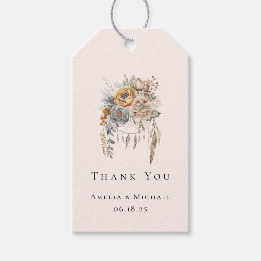 Boho Blume und Dreamcatcher - Hochzeit Vielen Dank Geschenkanhänger (Vorderseite)