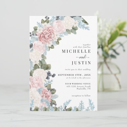 Boho Blume Winter Wedding Einladung (Stehend Vorderseite)