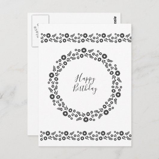 Boho Blume Wreath Black and White Postkarte (Vorne/Hinten)