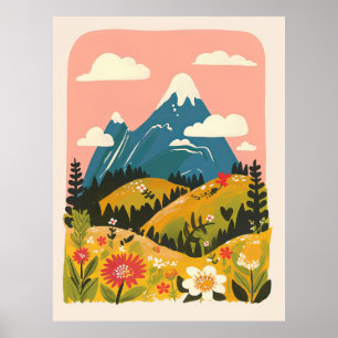 Boho-Blumen-Berglandschaft-Illustration Poster