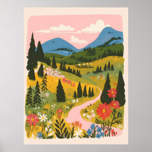 Boho-Blumen-Berglandschaft-Illustration Poster