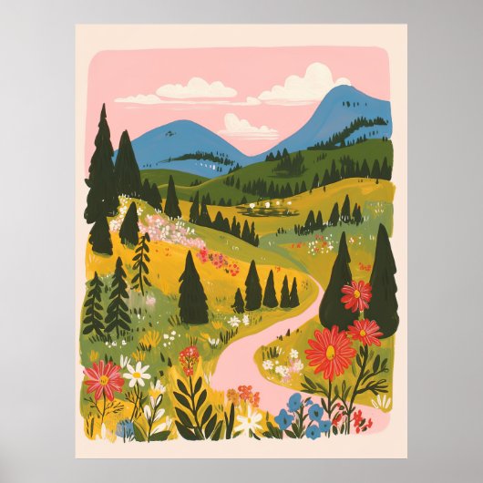Boho-Blumen-Berglandschaft-Illustration Poster (Vorne)