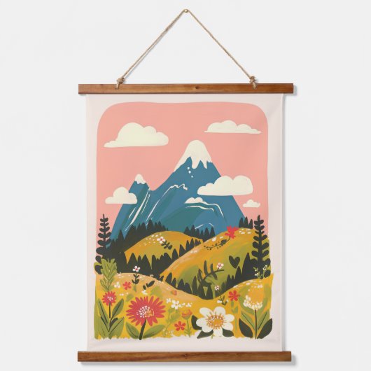 Boho-Blumen-Berglandschaft-Illustration Wandteppich Mit Holzrahmen (Vorderseite)