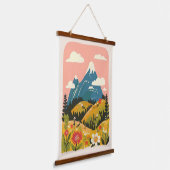 Boho-Blumen-Berglandschaft-Illustration Wandteppich Mit Holzrahmen (Gewinkelt)