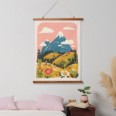 Boho-Blumen-Berglandschaft-Illustration Wandteppich Mit Holzrahmen (Schlafzimmer)