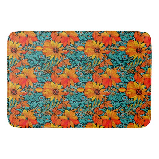 Boho-Blumen Blau und Orange Badematte (Vorderseite)
