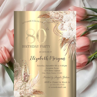 Boho-Blumen, Champagnerglas Gold 80. Geburtstag Einladung