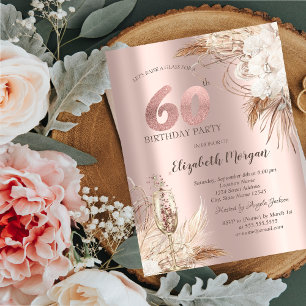 Boho-Blumen, Champagnerglas, Rosen-Gold 60. Einladung