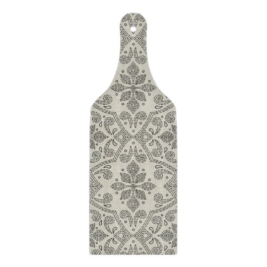Boho-Blumen-Damaskus-Linienkunst, Schwarz auf Beig Schneidebrett (Vorderseite)