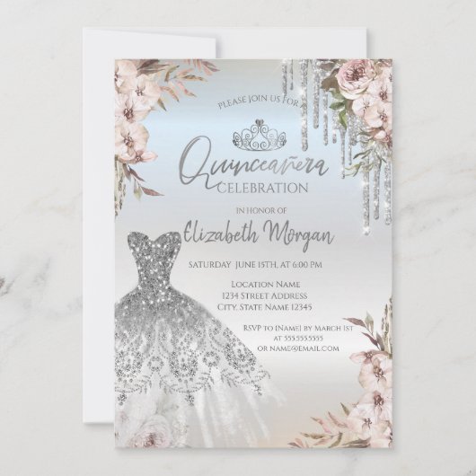 Boho Blumen Dress Silver Drips Quinceanera Einladung (Vorderseite)