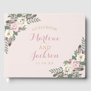 Boho-Blumen-Feder-Rosa-Hochzeitsmonogramm Gästebuch