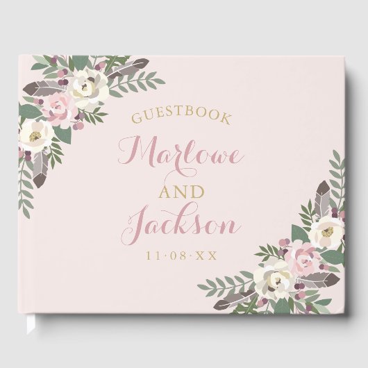 Boho-Blumen-Feder-Rosa-Hochzeitsmonogramm Gästebuch (Vorderseite)