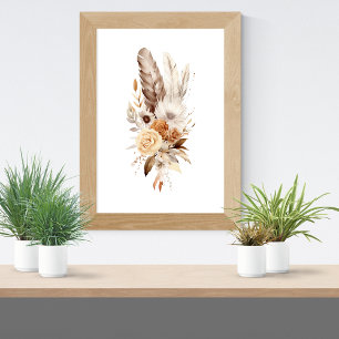Boho-Blumen-Federn-Botanik-Watercolor-Wandkunst Poster