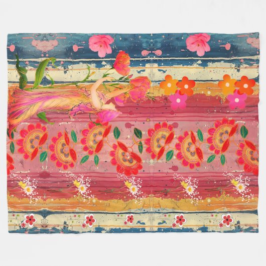 Boho-Blumen-Fliesblanke Fleecedecke (Vorderseite (Horizontal))