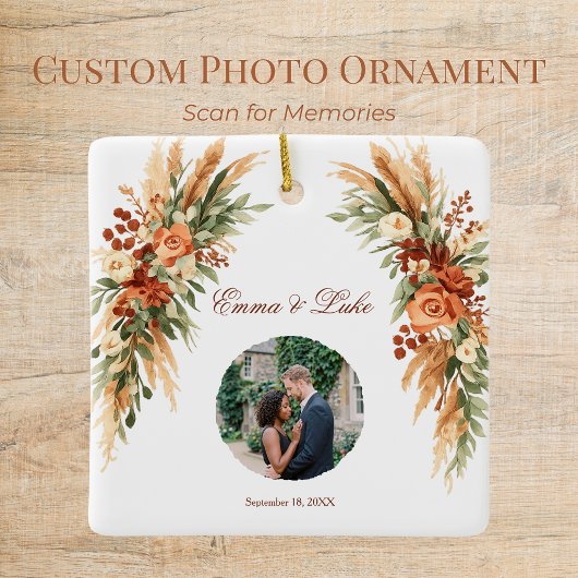 Boho-Blumen-Foto-QR-Code-Ornament | Personalisiert Keramikornament