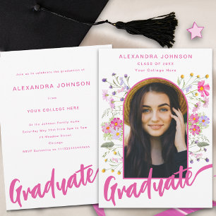 Boho Blumen Foto Tor Rosa Schrift Graduiertenparty Einladung