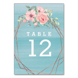 Boho-Blumen-Geometrie-Aqua-Rosé-Hochzeit Tischnummer