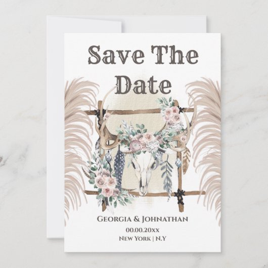 Boho-Blumen-Geweih-Hirsch-Schädel-Stammes-Pampas Save The Date (Vorderseite)