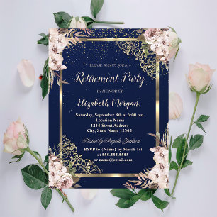 Boho-Blumen Goldrahmen Navy Blau Ruhestand  Einladung