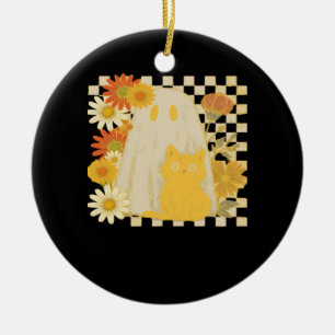 Boho-Blumen-Herbst-Geist und schwarze Katze Hallow Keramik Ornament