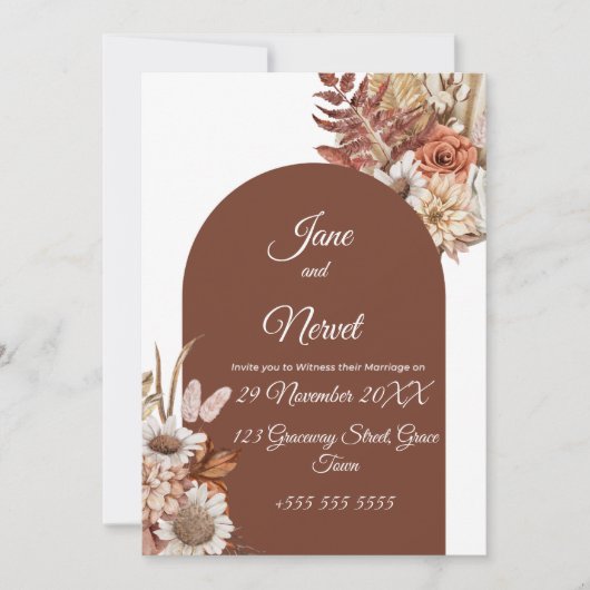 Boho-Blumen-Hochzeitseinladung im Pampas-Stil (Vorderseite)