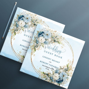 Boho-Blumen-Hochzeitsgästebuch in Blau mit Gold Gästebuch