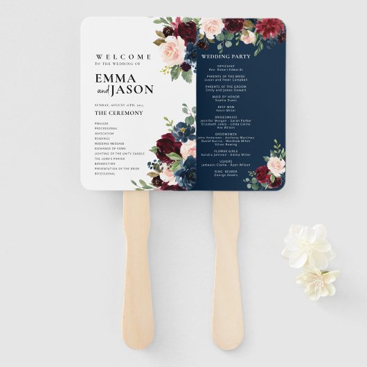 Boho-Blumen-Hochzeitsprogramm-Fan-Hand Burgund Fächer (Vorne und Hinten)