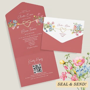 Boho-Blumen-Korallen-Hochzeit All In One Einladung