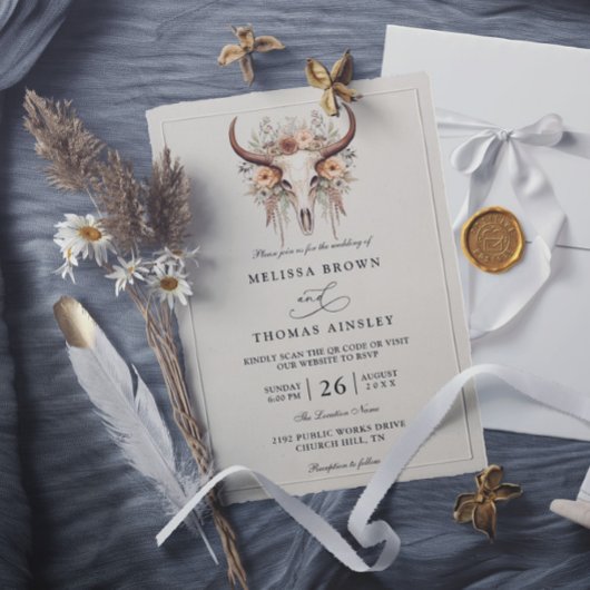 Boho-Blumen-Kuh-Schädel-Western-QR-Code-Hochzeit Einladung