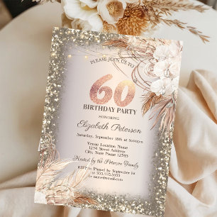 Boho Blumen, Lichter Glitter Rahmen 60. Geburtstag Einladung