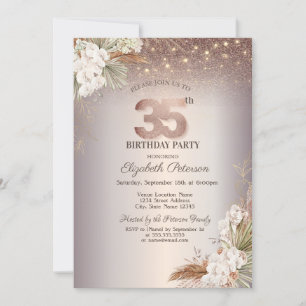 Boho-Blumen, Lichterkette Glitter 35. Geburtstag Einladung