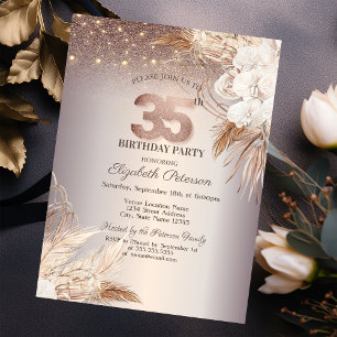 Boho Blumen, Lichterkette Glitter 35. Geburtstag Einladung