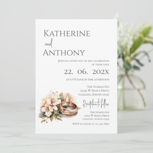 Boho-Blumen mit Ring-Hochzeit Einladung (Stehend Vorderseite)