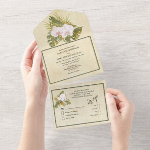 Boho Blumen-Orchidee grüner Rahmen rustikal All In One Einladung