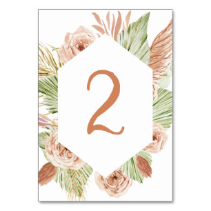 Boho-Blumen, Palme und Pampas-Terrakotta-Hochzeit Tischnummer