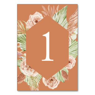 Boho-Blumen, Palme und Pampas Terrakotta Hochzeit Tischnummer