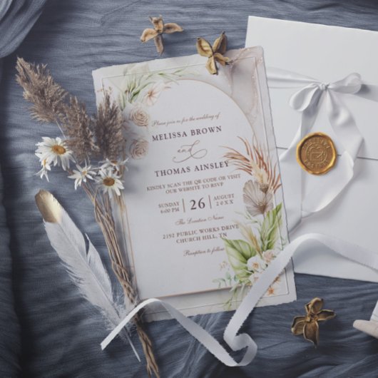Boho-Blumen Pampas Budget QR-Code Hochzeit Einladung