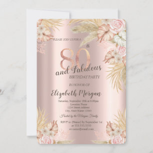 Boho Blumen, Pampas Gras Rose Gold 80. Geburtstag Einladung