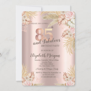 Boho Blumen, Pampas Gras Rose Gold 85. Geburtstag Einladung